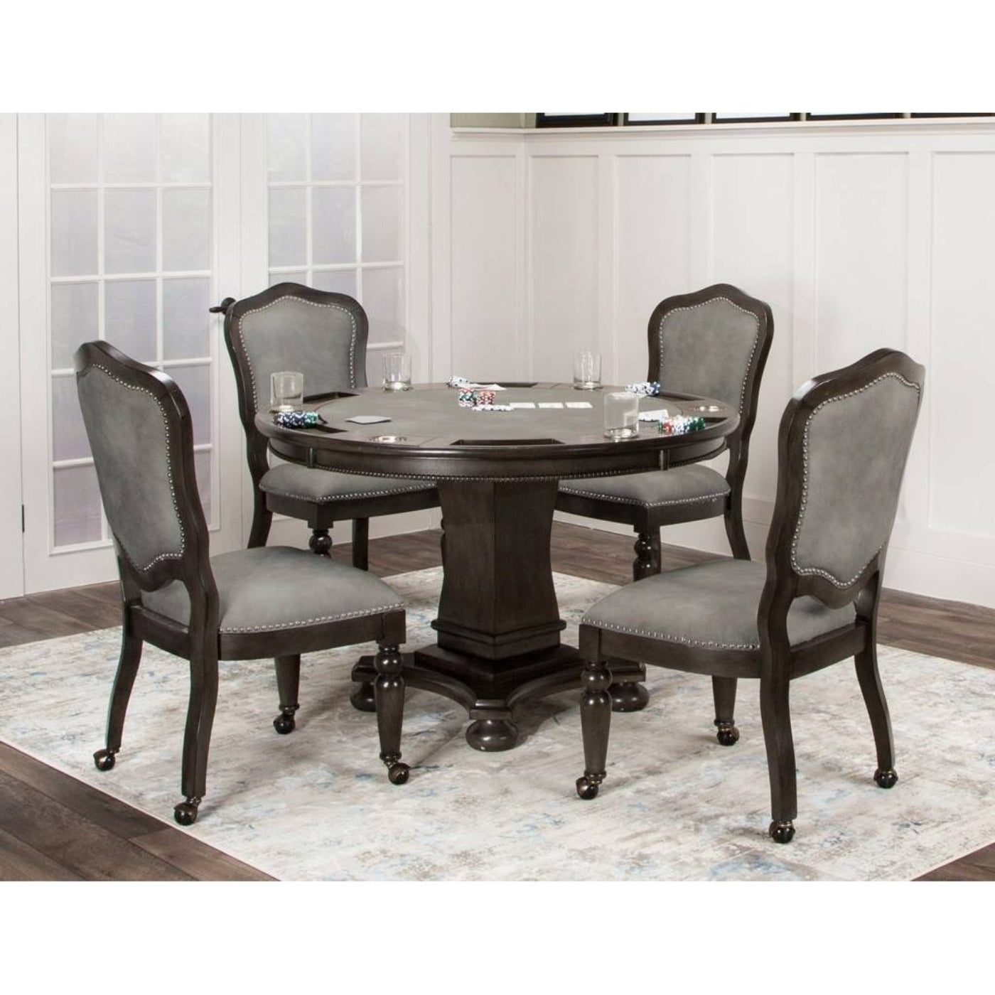 Sunset Trading 48" Round Vegas Dining and Poker Table | Reversible Game Top | Gray Wood - CR-87711-TB