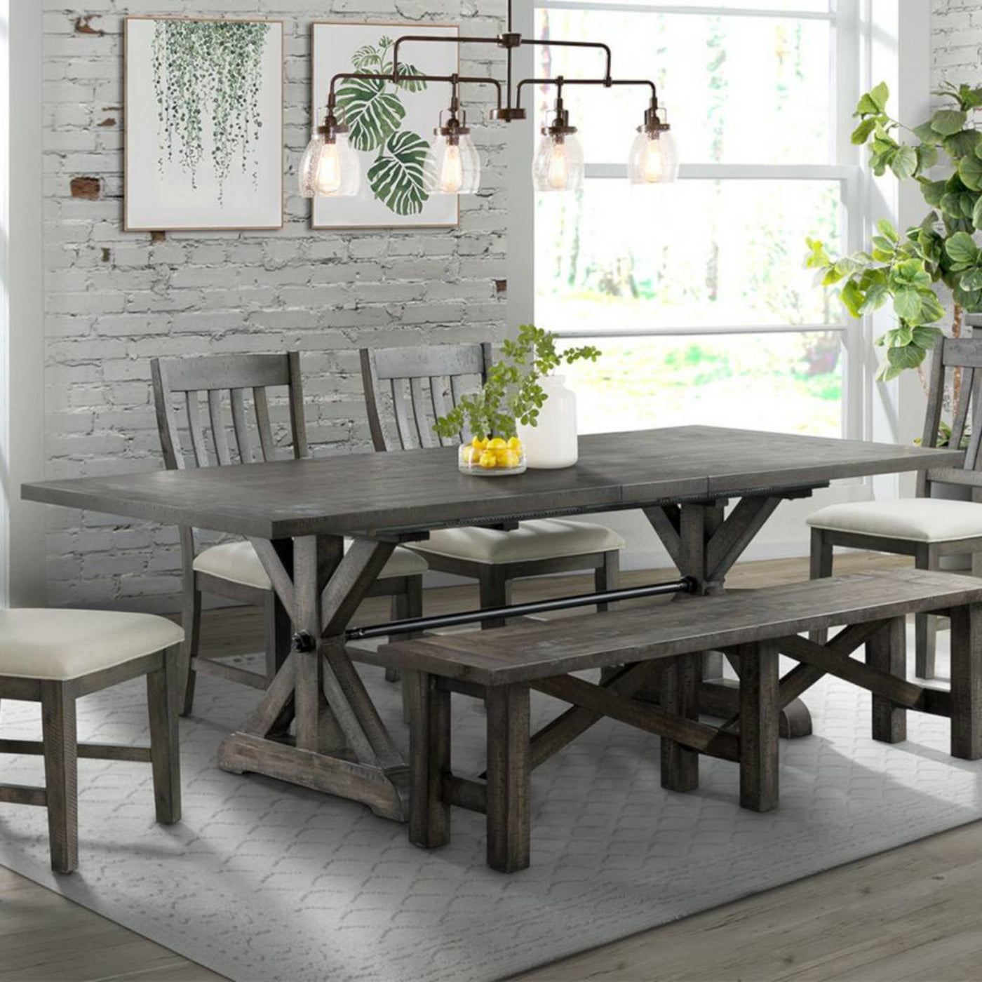 Sunset Trading Trestle 96" Rectangular Extension Pedestal Dining Table | Distressed Gray Wood -  ED-SK100