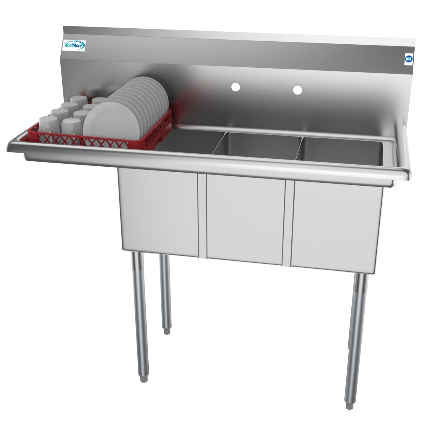 KOOLMORE SC10141012L3 45 in. Three Compartment Stainless Steel Commercial Sink with Drainboard, Bowl Size 10"x 14"x 10" SC101410-12L3.
