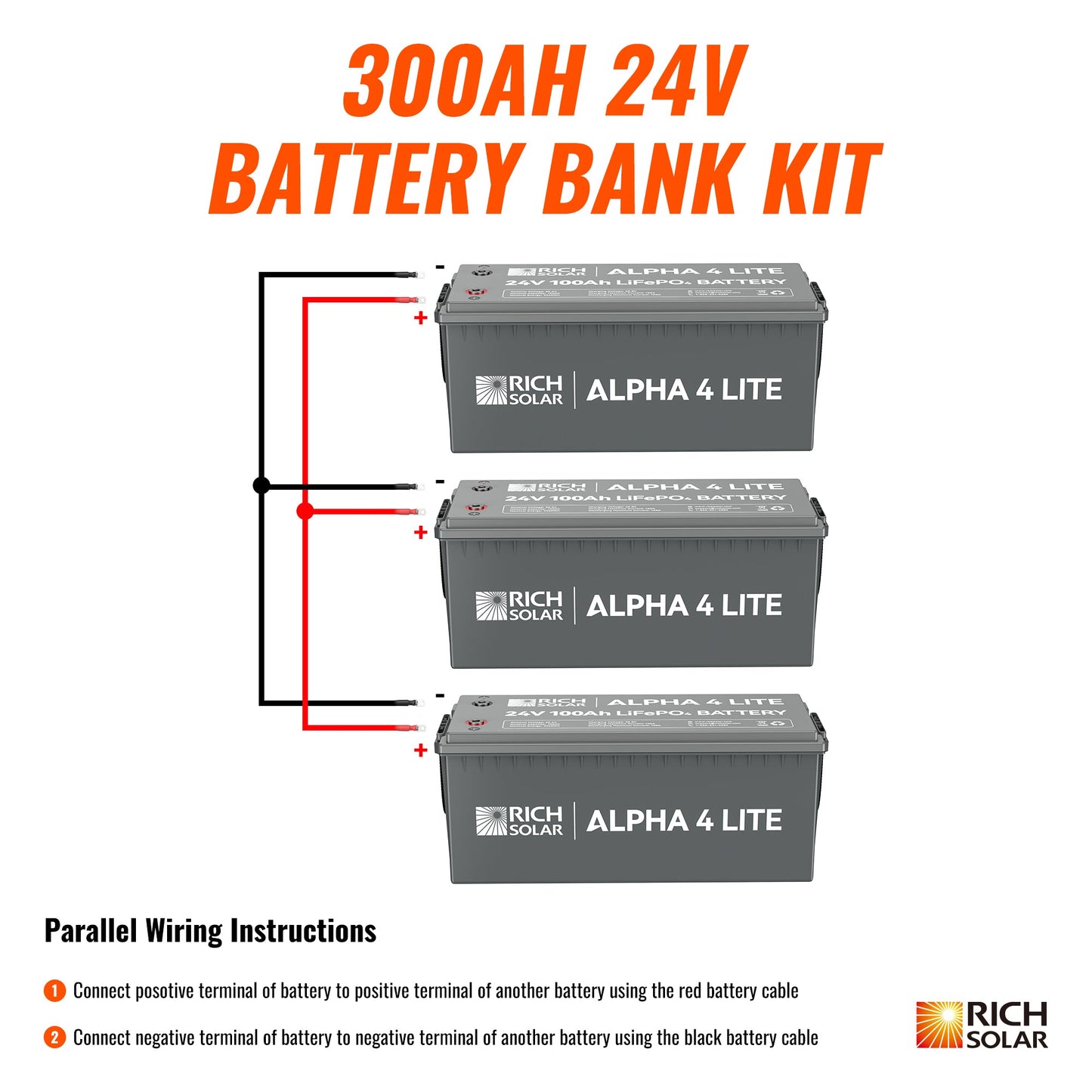 Rich Solar 24V - 300AH - 7.6kWh Lithium Battery Bank - RS-B24100x3