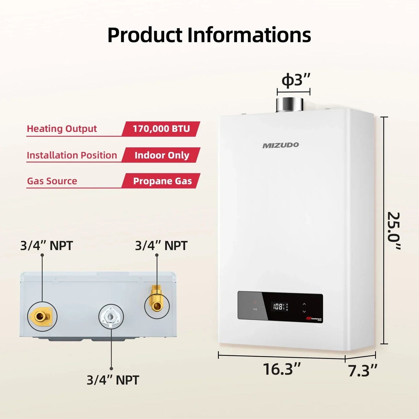 Mizudo CF170 Tankless Water Heater Propane Gas 7.5 GPM 170,000 BTU New - FDG-CF170AW-LP