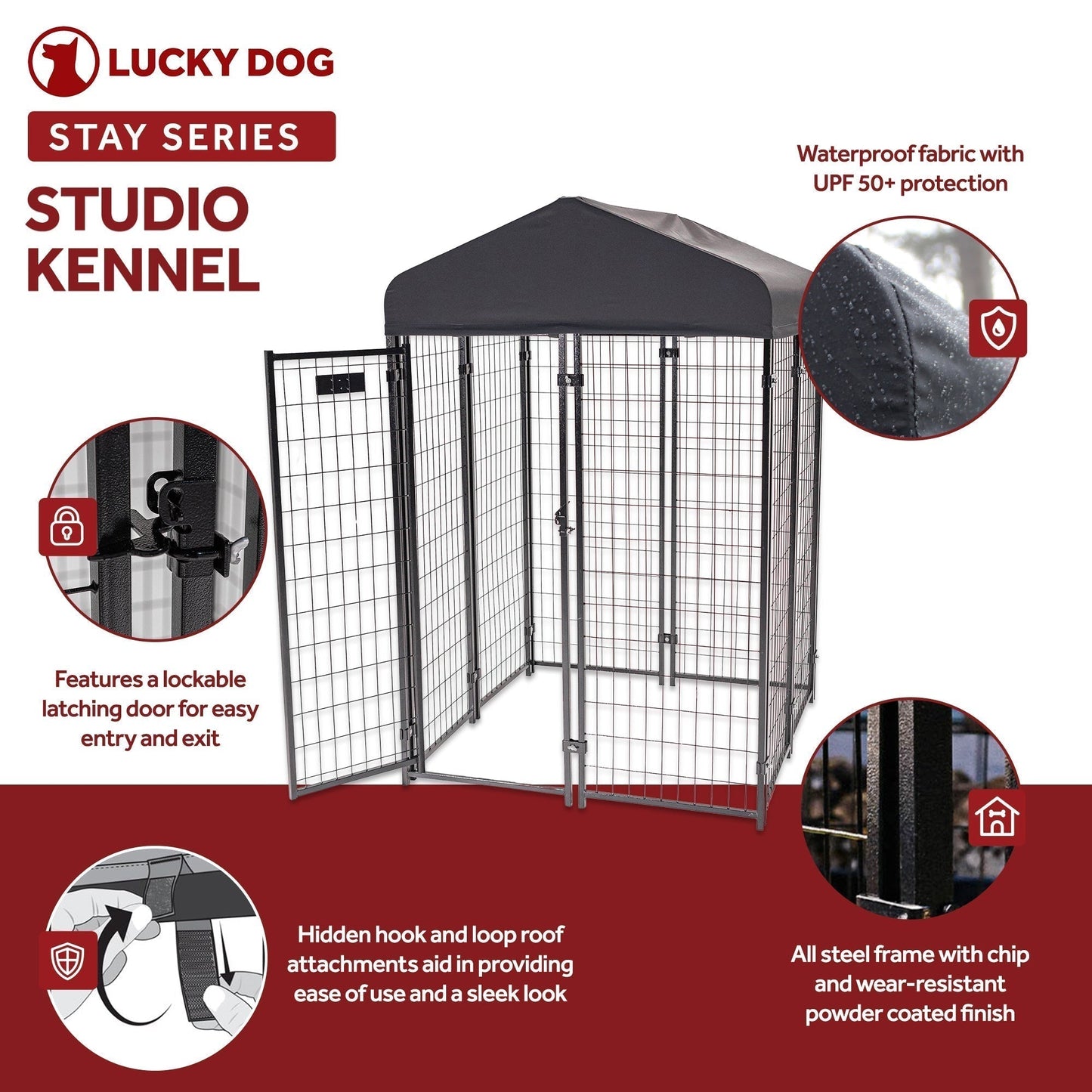Lucky Dog STAY Series 4 x 4 x 6 Foot Roofed Steel Frame Studio Dog Kennel, Grey - 268849