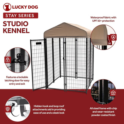 Lucky Dog STAY Series 4 x 4 x 6 Foot Roofed Steel Frame Studio Dog Kennel, Khaki - 268850