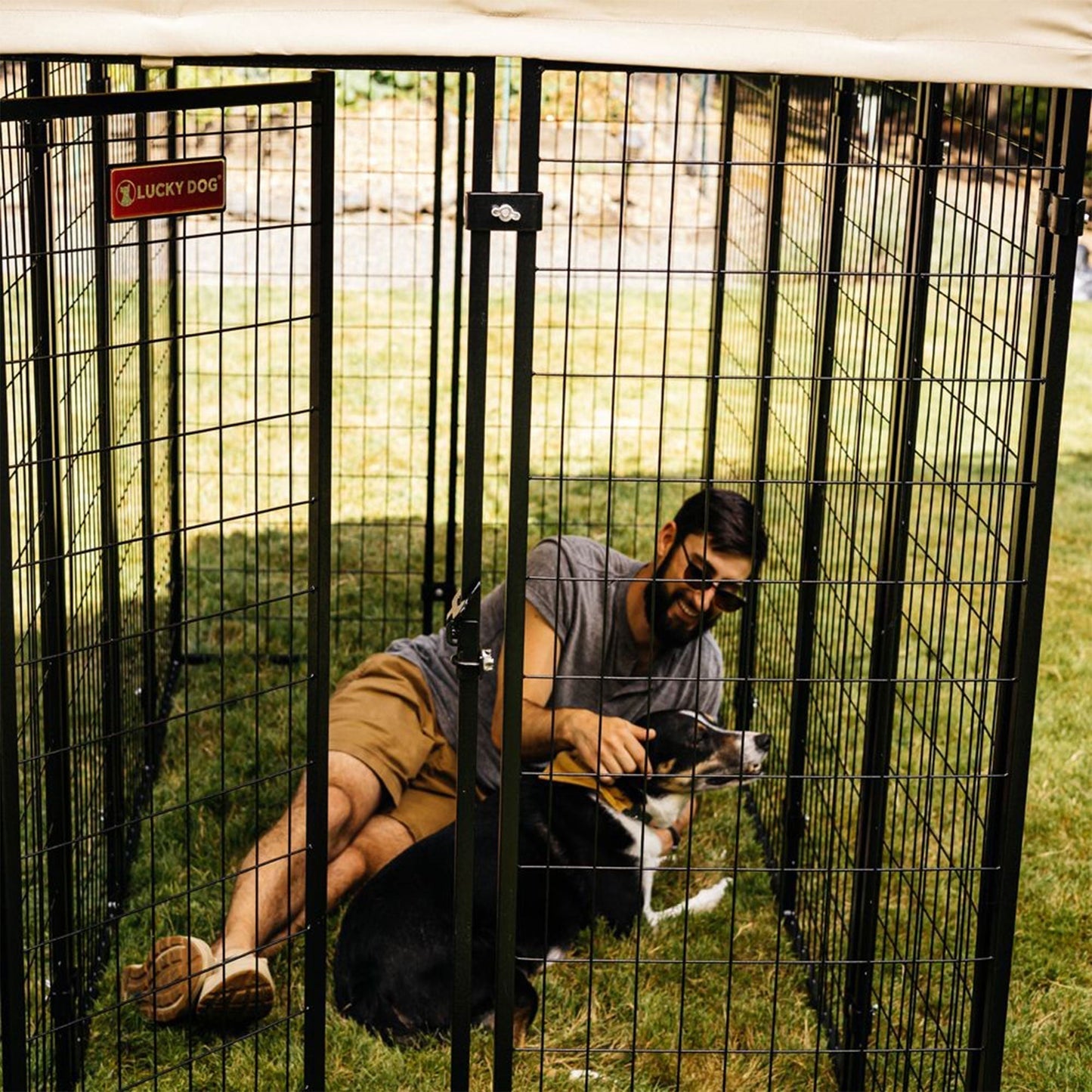 Lucky Dog STAY Series 4 x 8 x 6 Foot Roofed Steel Frame Villa Dog Kennel, Khaki - 268852