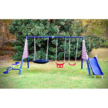 XDP Recreation Freedom Fun Play Swing Set w/See Saw, Super Disc, Swings, & Slide - 285487