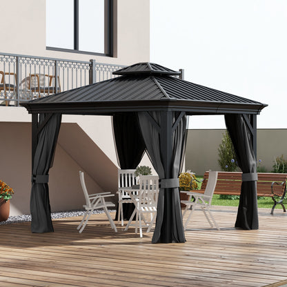 Outsunny 10' x 10' Hardtop Pavilion Gazebo with Curtains, Nettings, Aluminum Frame, Hooks, Light Gray - 84C-204V05LG