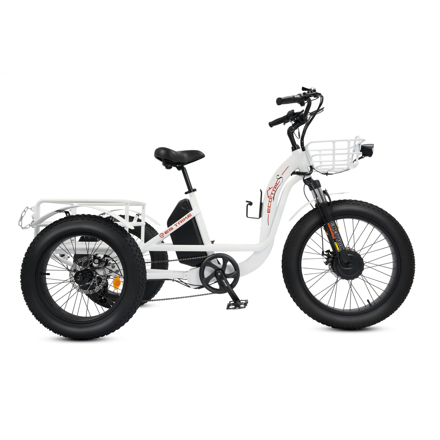 Ecotric 48V 24"x4.0 Front 20"x4.0 Rear Tires Tricycle electric bike with Front Basket + Rear Rack White - EST-W+EB-005-EC