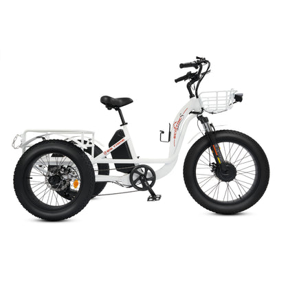 Ecotric 48V 24"x4.0 Front 20"x4.0 Rear Tires Tricycle electric bike with Front Basket + Rear Rack White - EST-W+EB-005-EC