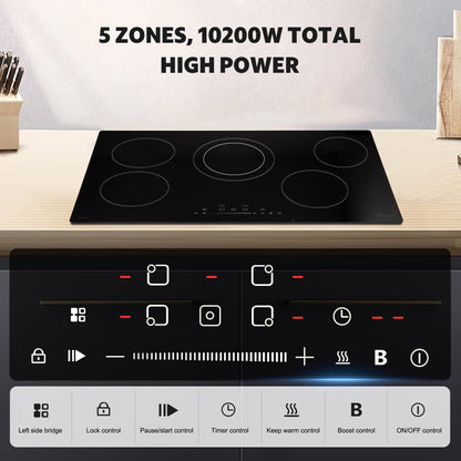 Awoco Ceramic Cooktop, Electric Stove with Burners with hard wire, 9 Power Levels Digital Timer Child Lock, Residual Heat Indicator, Automatic Shut-Off Easy Clean Touch Panel, 220-240V - CT-4C30