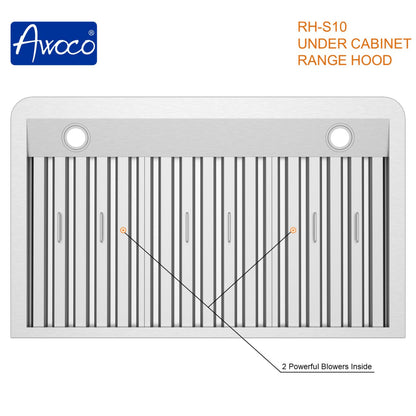 AWOCO RH-S10 Under Cabinet Range Hood Touch Remote Control 10" High 1000 CFM - RH-S10-30