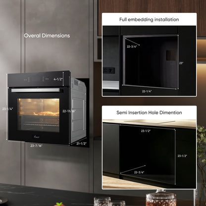 Awoco 24” Built-in Electric Oven, 2.37 Cu ft. Single Wall Oven with 11 Cooking Modes, 360° Rotating Rotisserie, 3440W, Touch Control, LCD Display, Timer, Stainless Steel Wall Oven for Kitchen - AWC-EO-TC11-AF