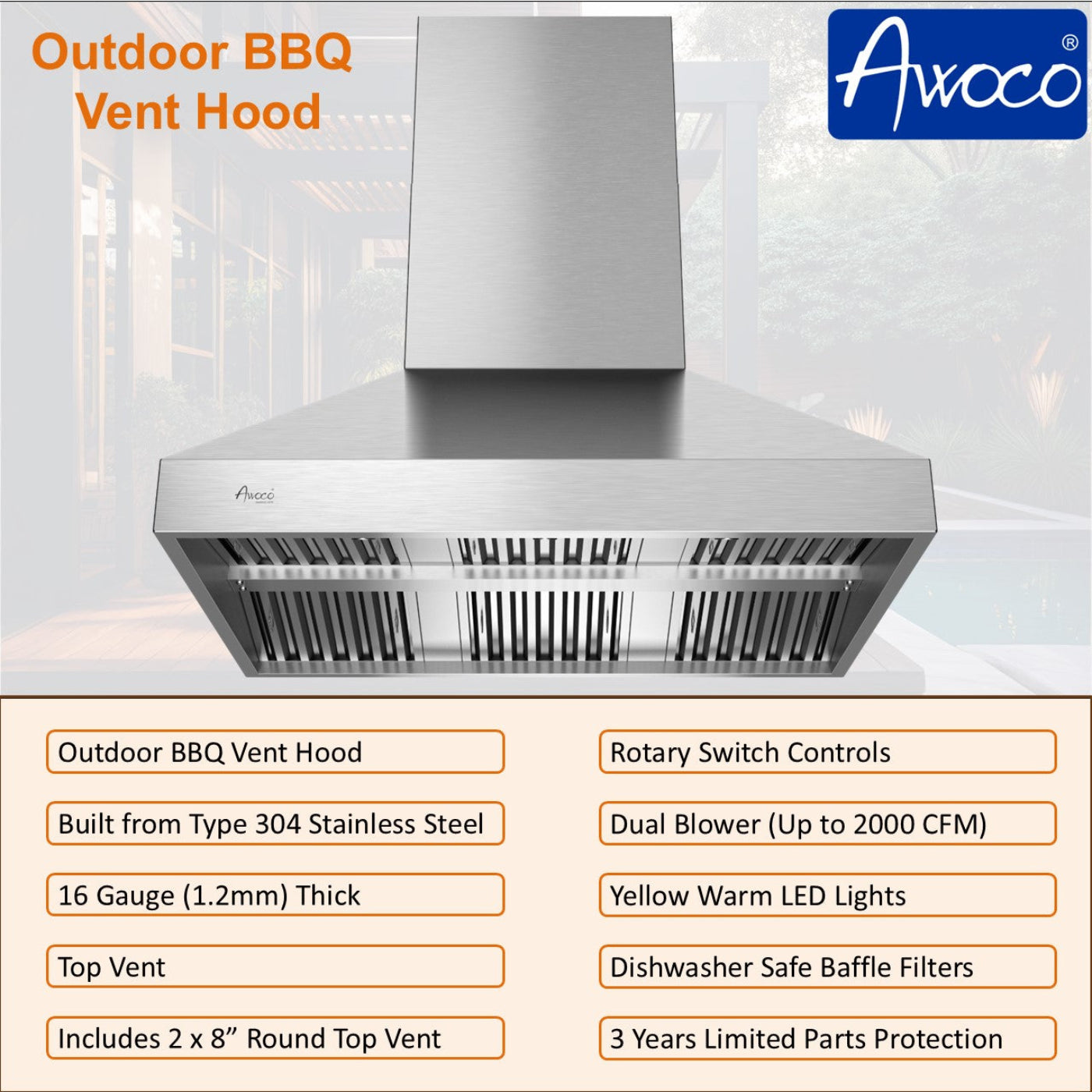 Awoco 48” Outdoor BBQ Wall Mount Vent Hood Type 304 Stainless Steel, 4 Speeds 2000 CFM, Dual Blowers, Adjustable LED Lights, 2 x 8” Round Top Vents - AWC-RH-WM-OD48