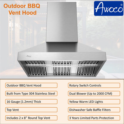 Awoco 48” Outdoor BBQ Wall Mount Vent Hood Type 304 Stainless Steel, 4 Speeds 2000 CFM, Dual Blowers, Adjustable LED Lights, 2 x 8” Round Top Vents - AWC-RH-WM-OD48