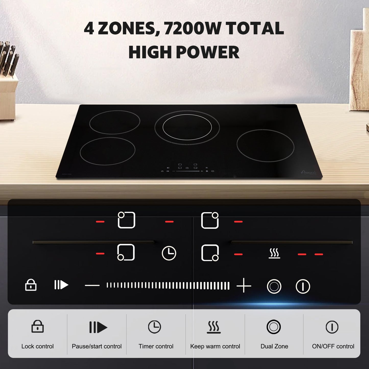 Awoco Ceramic Cooktop, Electric Stove with Burners with hard wire, 9 Power Levels Digital Timer Child Lock, Residual Heat Indicator, Automatic Shut-Off Easy Clean Touch Panel, 220-240V - CT-4C30