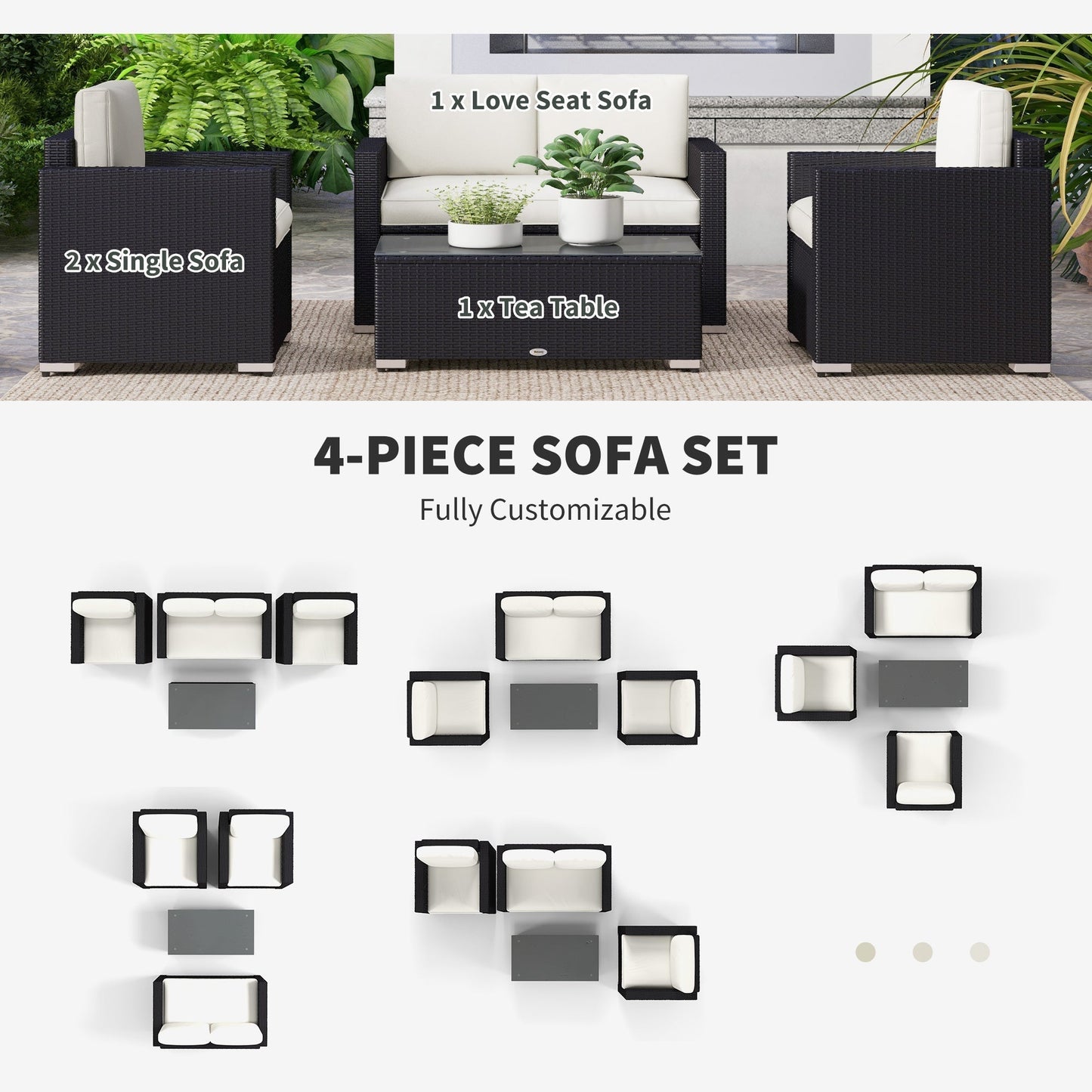 Outsunny 4-Piece Rattan Patio Sofa Set with Loveseat & Glass Coffee Table, Cream - 841-086V02CW