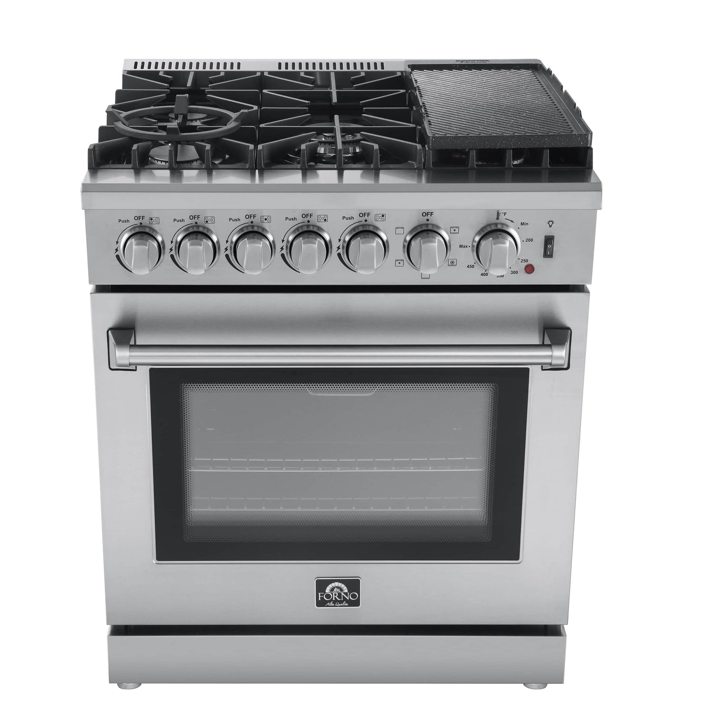 Forno 4-Piece Appliance Package - 30-Inch Dual Fuel Range with Air Fryer, Refrigerator, Wall Mount Hood, & 3-Rack Dishwasher in Stainless Steel - APR4-6196-30-H