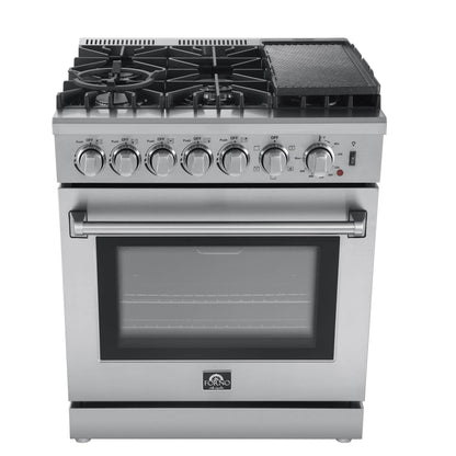 Forno 4-Piece Appliance Package - 30-Inch Dual Fuel Range with Air Fryer, Refrigerator, Wall Mount Hood, & 3-Rack Dishwasher in Stainless Steel - APR4-6196-30-H