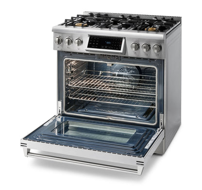 Thor Kitchen 2-Piece Appliance Package - 36-Inch Propane Gas Range, Tilt Panel & Premium Wall Mount Hood in Stainless Steel - AP2-TRG36B-LP