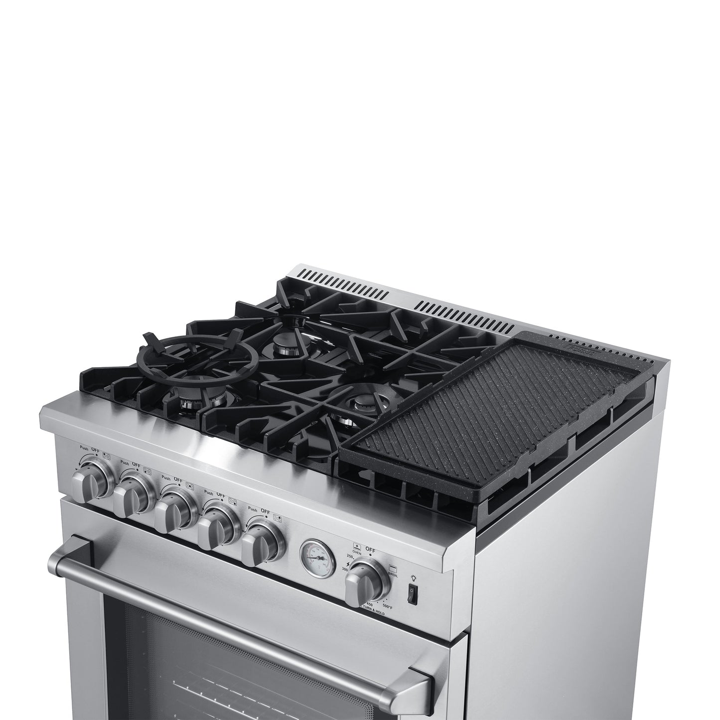 Forno 5-Piece Appliance Package - 30-Inch Gas Range with Air Fryer, Refrigerator with Water Dispenser, Wall Mount Hood, 24-Inch Microwave Drawer, & 3-Rack Dishwasher in Stainless Steel - APW5-6276-30-H-MWD