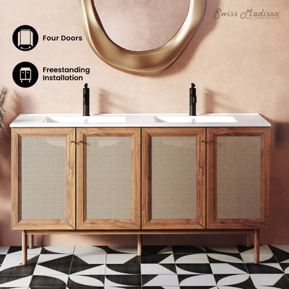 Swiss Madison Classe 60" Freestanding Bathroom Vanity in Golden Oak with Double Basin Sink Top - SM-BV666