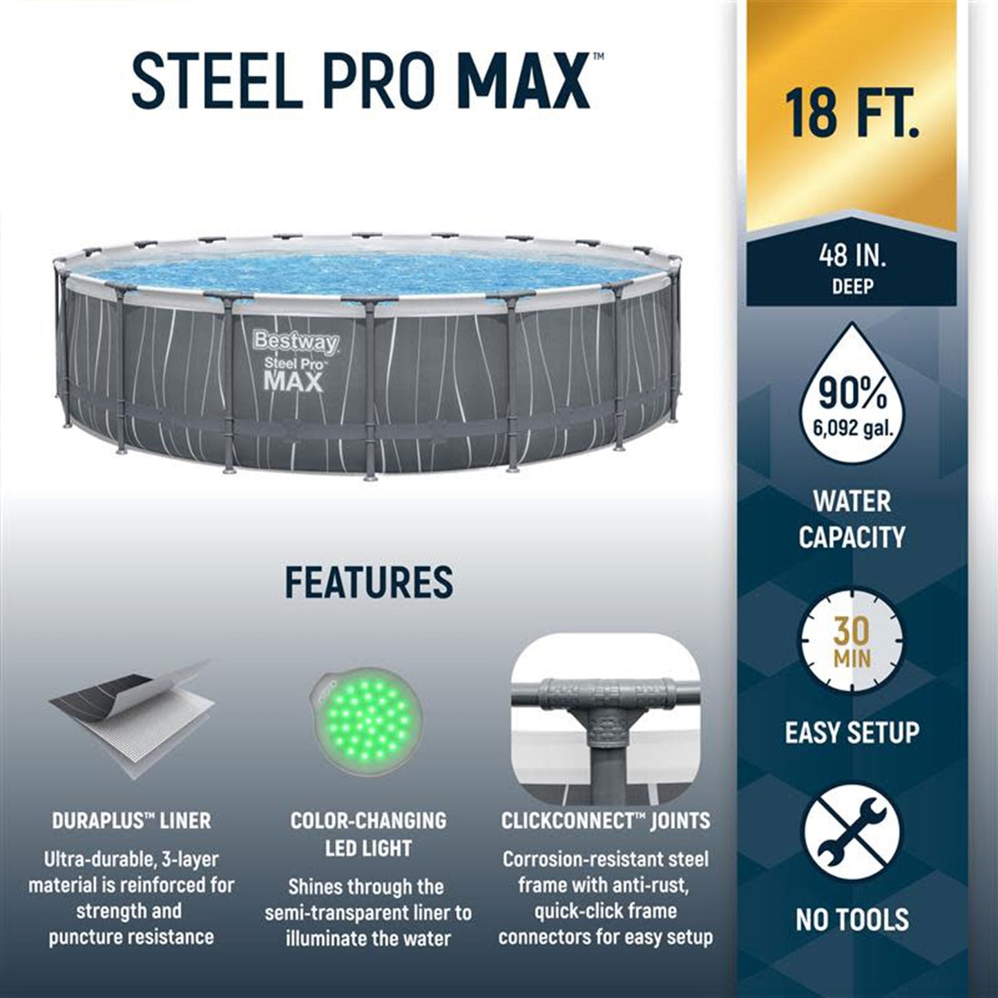Summer Waves Bestway Steel Pro MAX 18' x 48" Round Above Ground Pool Set w/LED Light & Remote - 324015