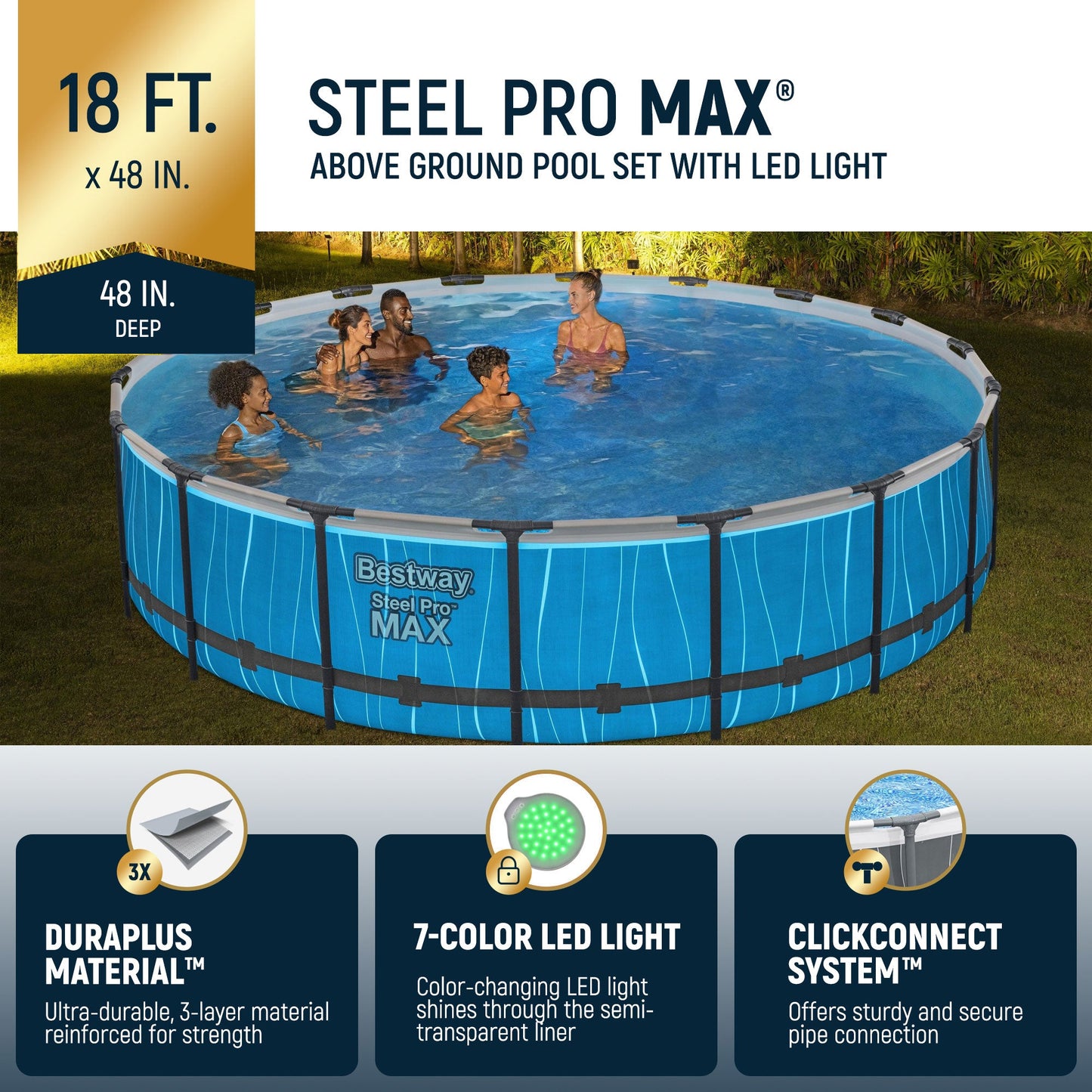 Summer Waves Bestway Steel Pro MAX 18' x 48" Round Above Ground Pool Set w/LED Light & Remote - 324015