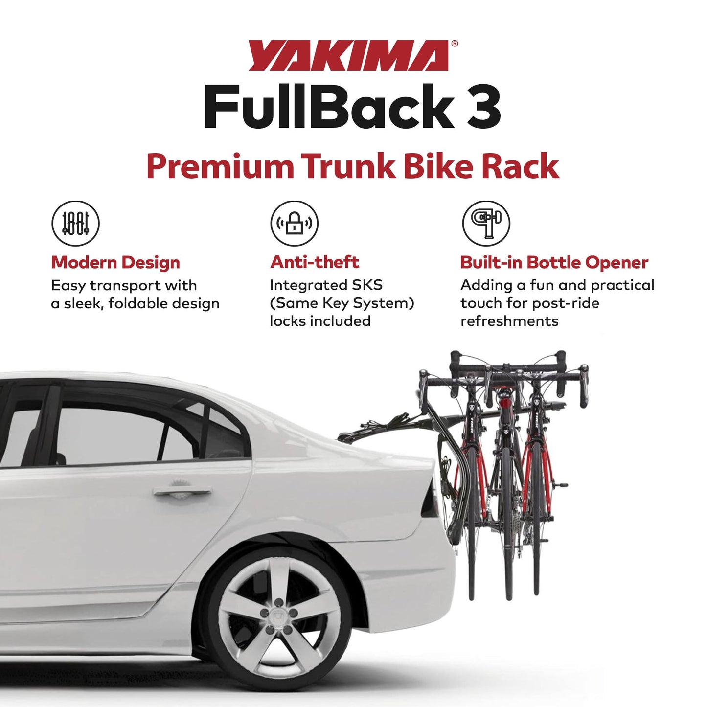 Summer Waves Yakima FullBack 3 Bike Capacity Car Trunk Bike Strap Rack with ZipStrips, Black - 326295