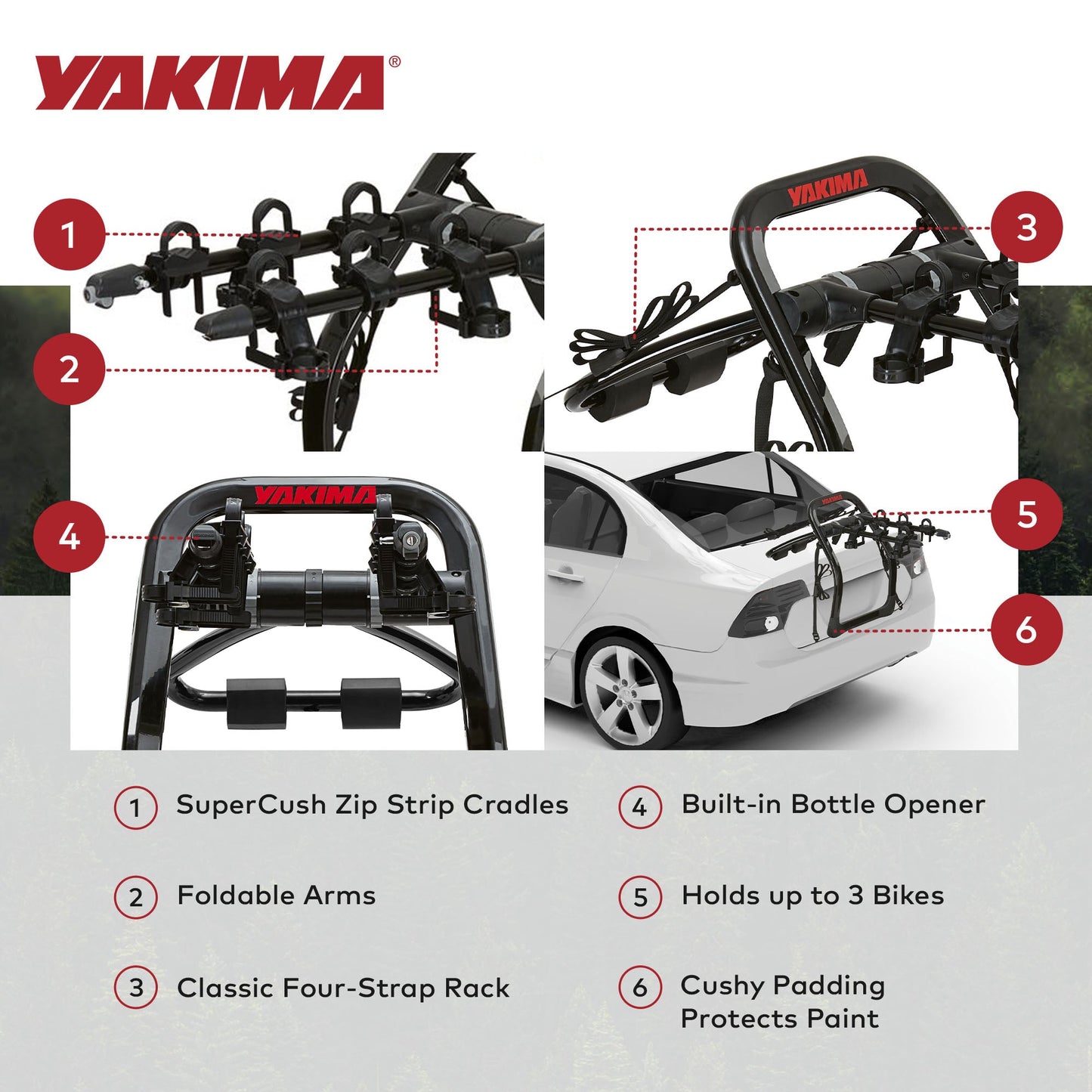 Summer Waves Yakima FullBack 3 Bike Capacity Car Trunk Bike Strap Rack with ZipStrips, Black - 326295