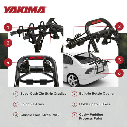 Summer Waves Yakima FullBack 3 Bike Capacity Car Trunk Bike Strap Rack with ZipStrips, Black - 326295