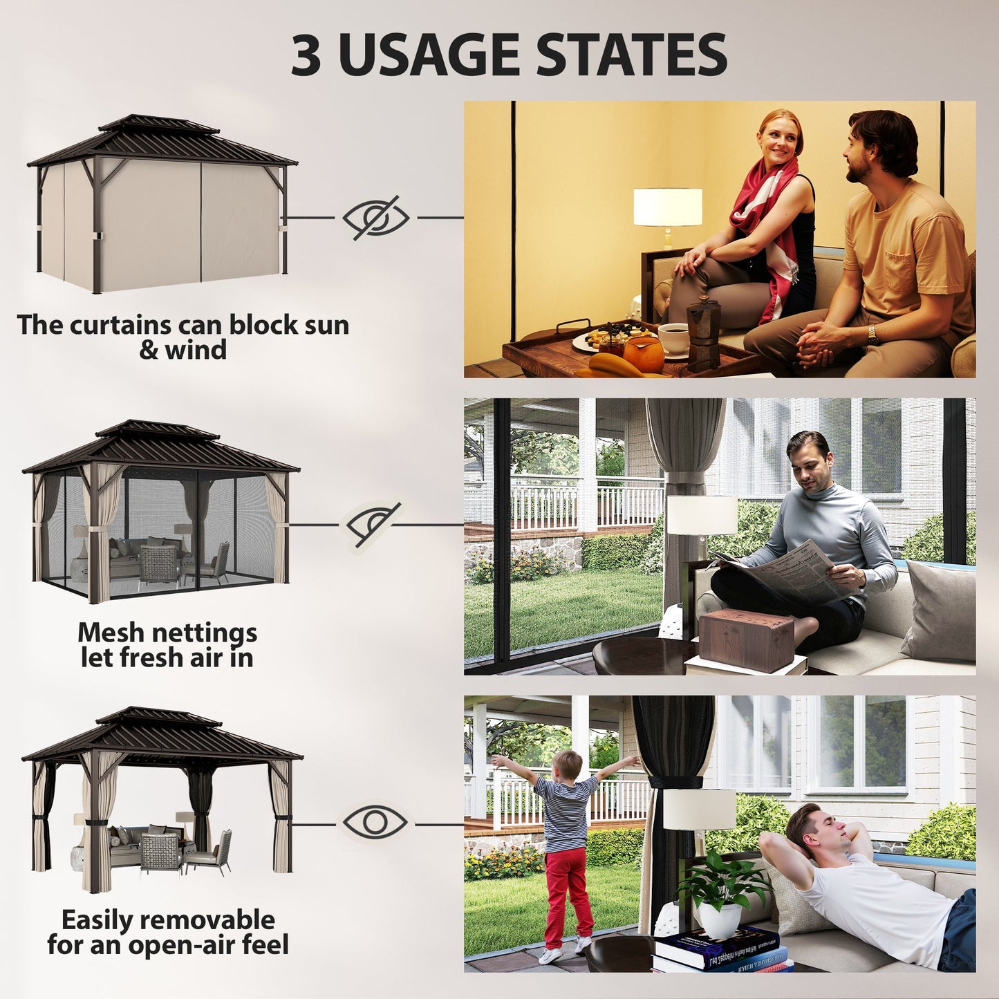 10' x 14' Hardtop Gazebo with Curtains and Netting, Brown