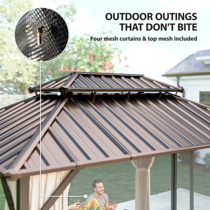 10' x 14' Hardtop Gazebo with Curtains and Netting, Brown
