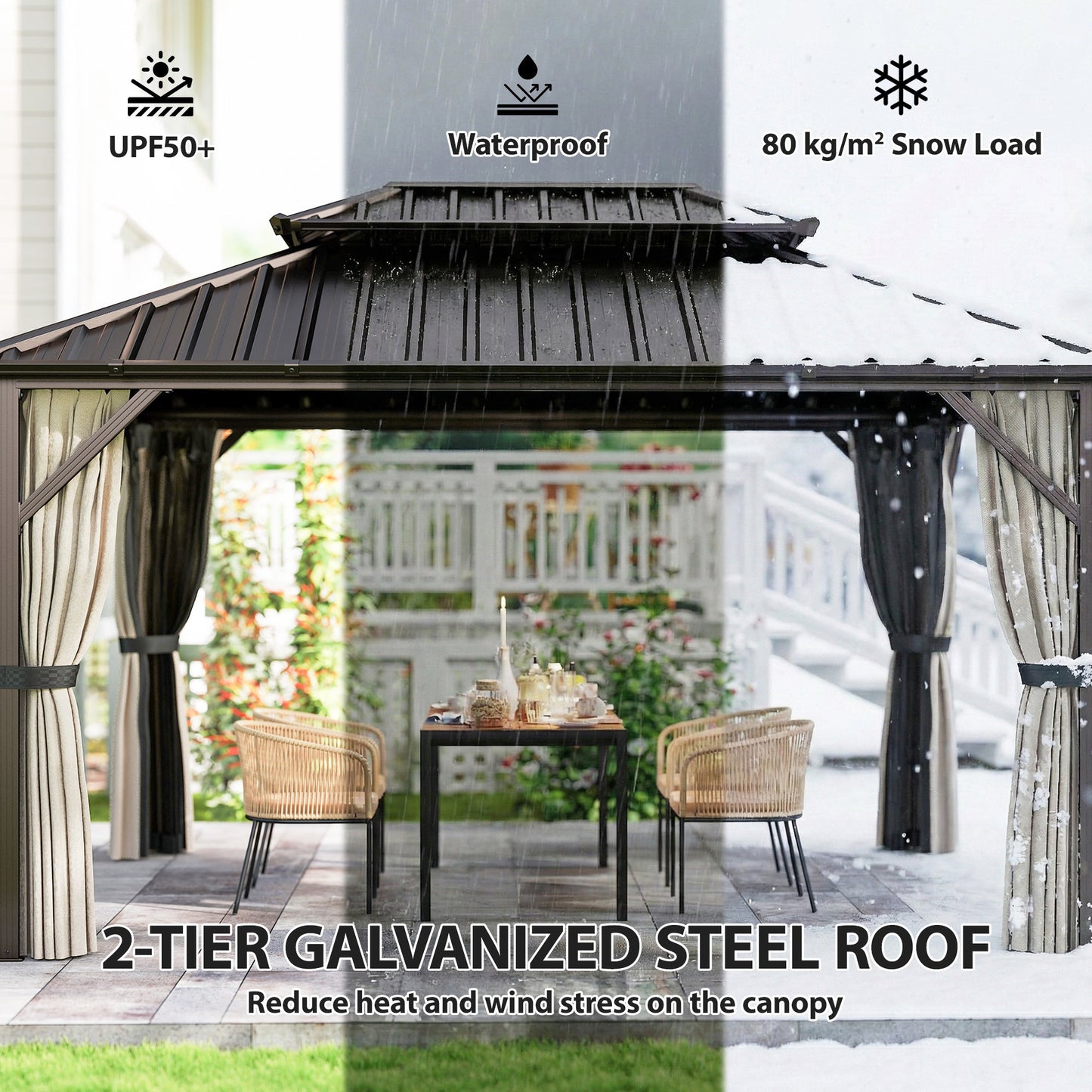 10' x 14' Hardtop Gazebo with Curtains and Netting, Brown