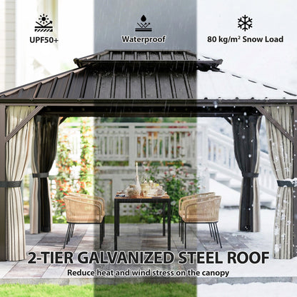 10' x 14' Hardtop Gazebo with Curtains and Netting, Brown