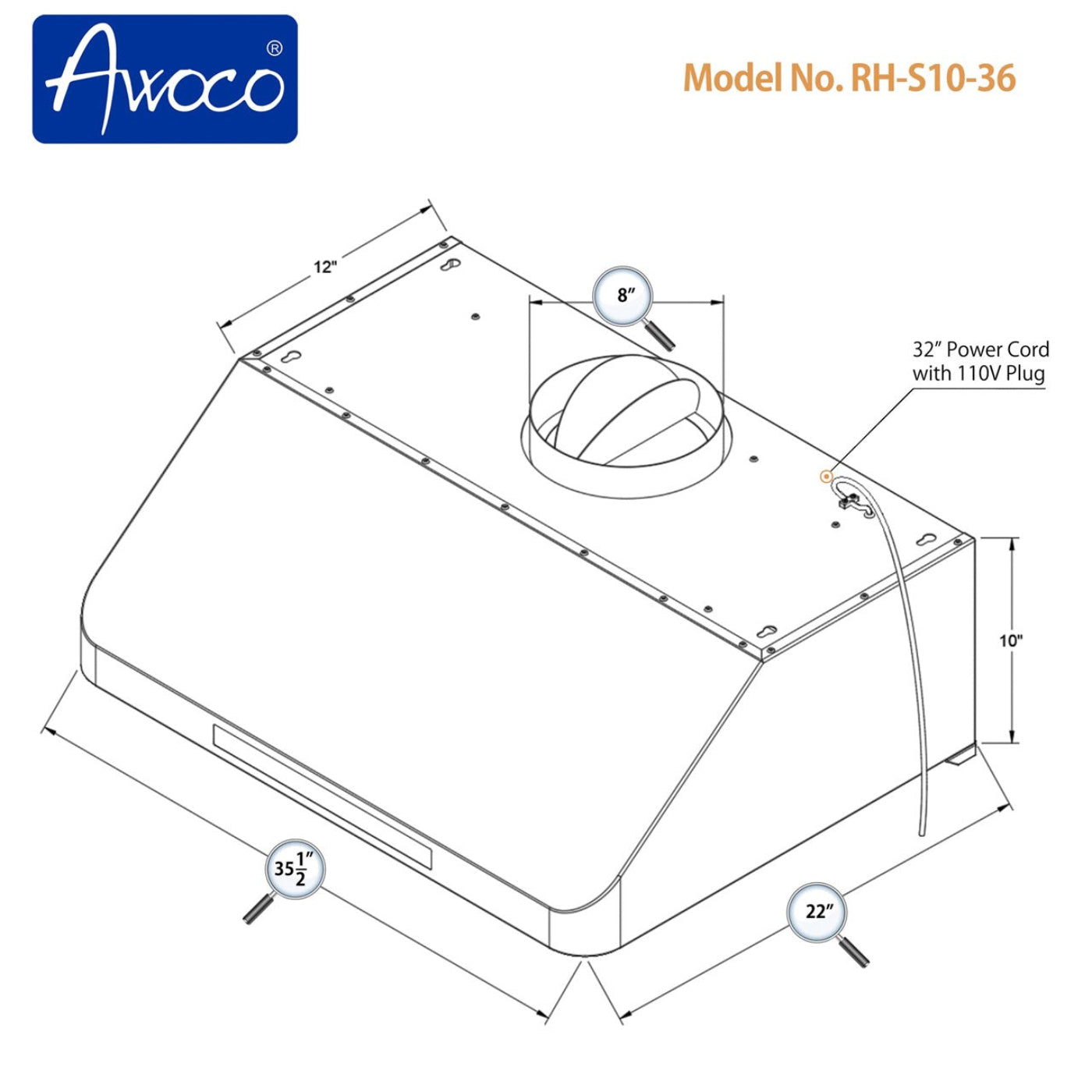 AWOCO RH-S10 Under Cabinet Range Hood Touch Remote Control 10" High 1000 CFM - RH-S10-30