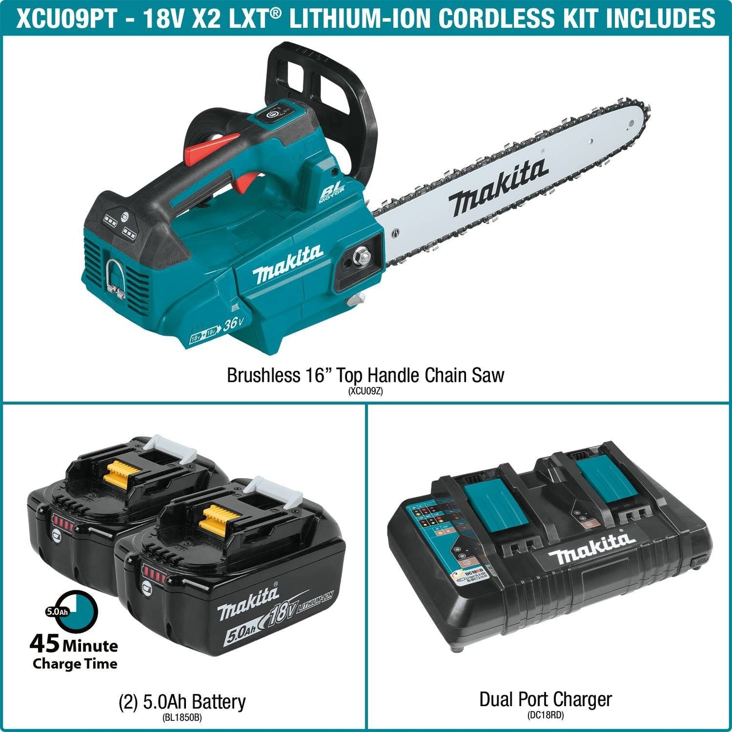 Makita (XCU09PT) 18V LXT Brushless 16" Top Handle Chain Saw Kit, dual port charger (5.0Ah) - XCU09PT