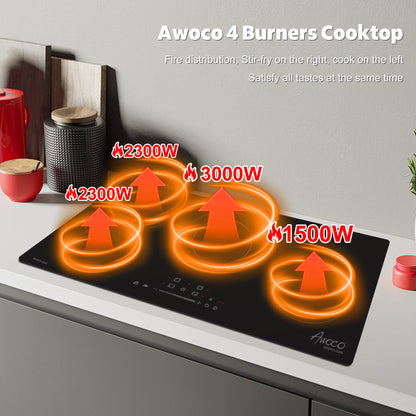 Awoco Ceramic Cooktop, Electric Stove with Burners with hard wire, 9 Power Levels Digital Timer Child Lock, Residual Heat Indicator, Automatic Shut-Off Easy Clean Touch Panel, 220-240V - CT-4C30