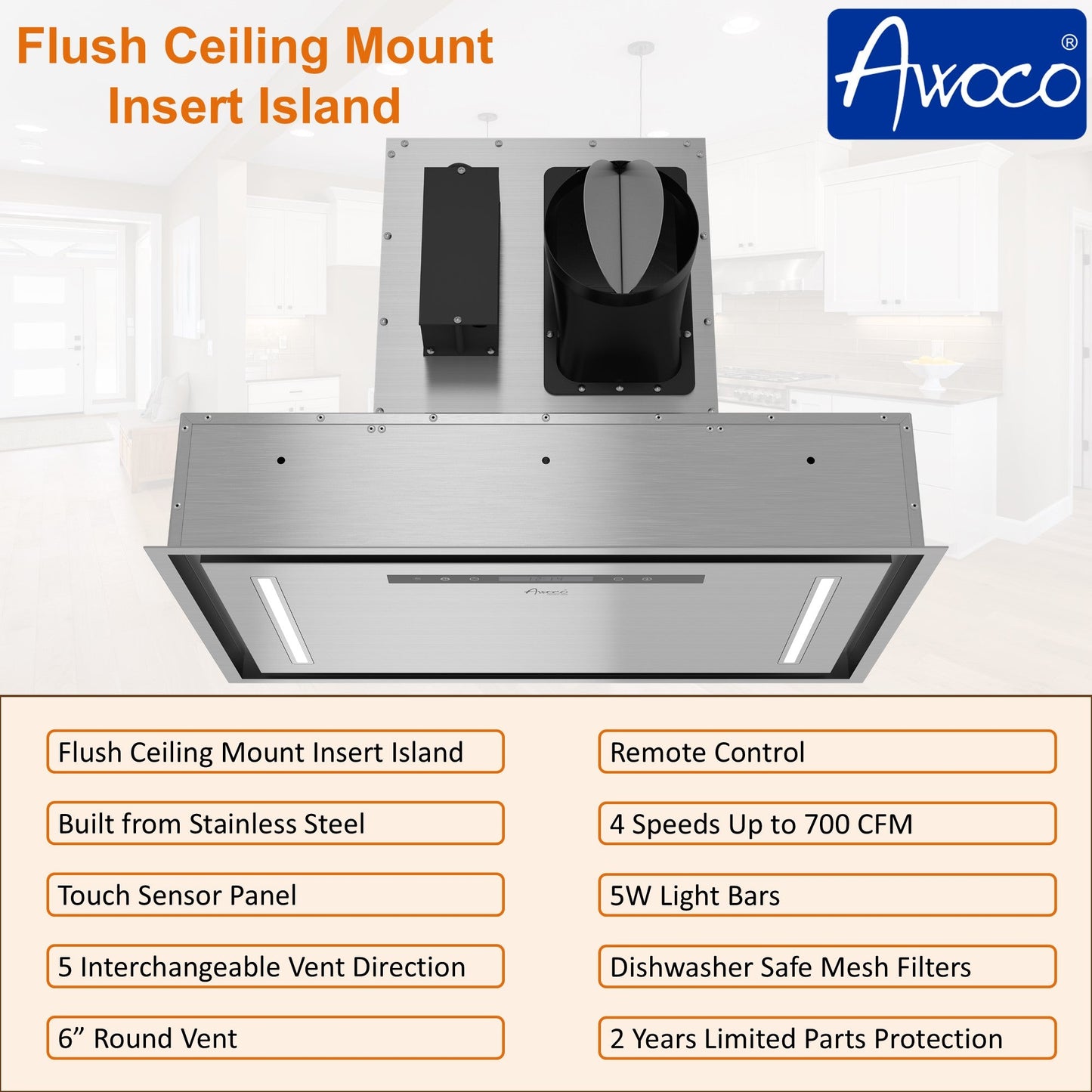AWOCO  RH-BQ-CR Ceiling Mount Range Hood - Insert & Island - 700CFM - AWC-RH-BQ-CR30
