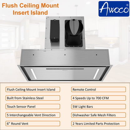 AWOCO  RH-BQ-CR Ceiling Mount Range Hood - Insert & Island - 700CFM - AWC-RH-BQ-CR30