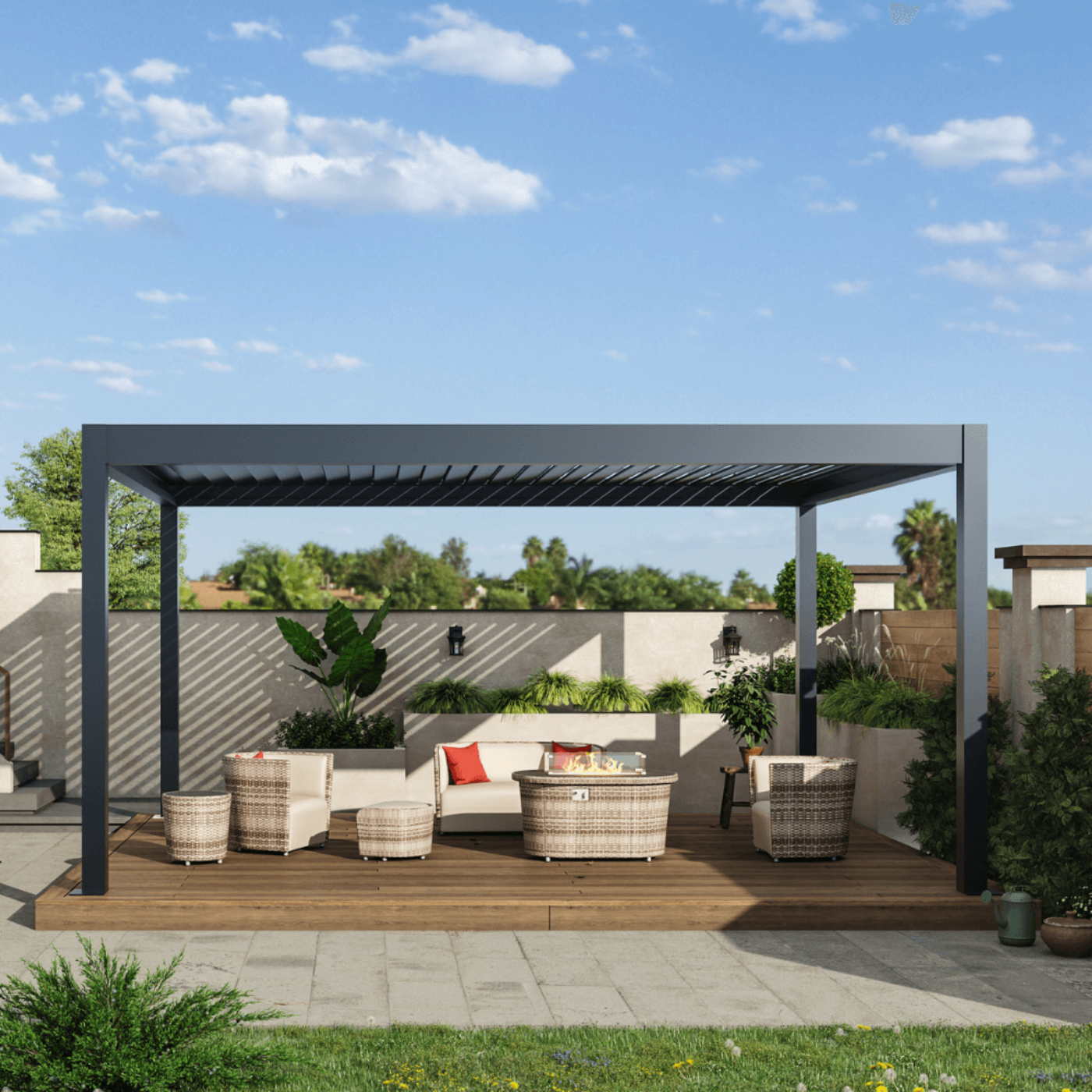 Bon Pergola Weatherproof Pergola - Motorized Louver w/ Lighting - WP-1519-DG