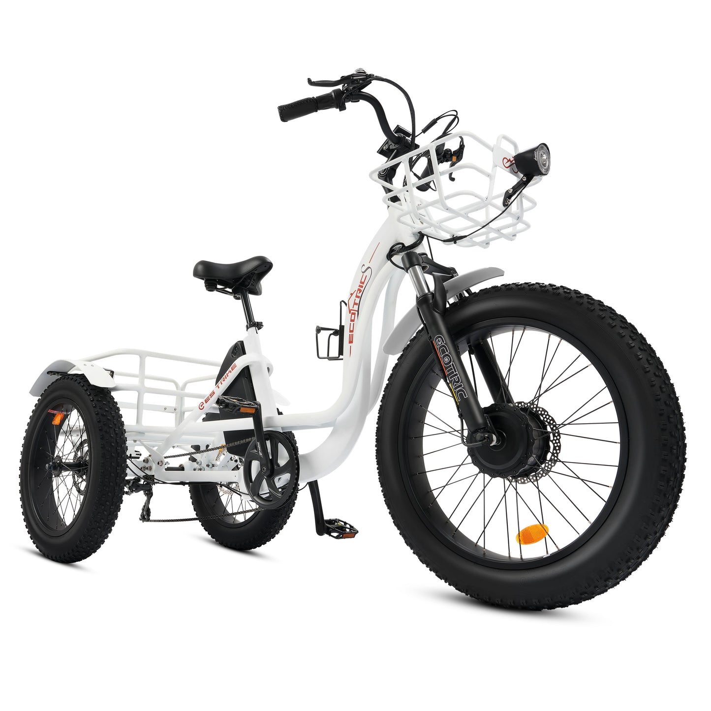 Ecotric 48V 24"x4.0 Front 20"x4.0 Rear Tires Tricycle electric bike with Front Basket + Rear Rack White - EST-W+EB-005-EC