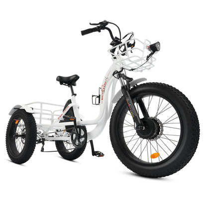 Ecotric 48V 24"x4.0 Front 20"x4.0 Rear Tires Tricycle electric bike with Front Basket + Rear Rack White - EST-W+EB-005-EC