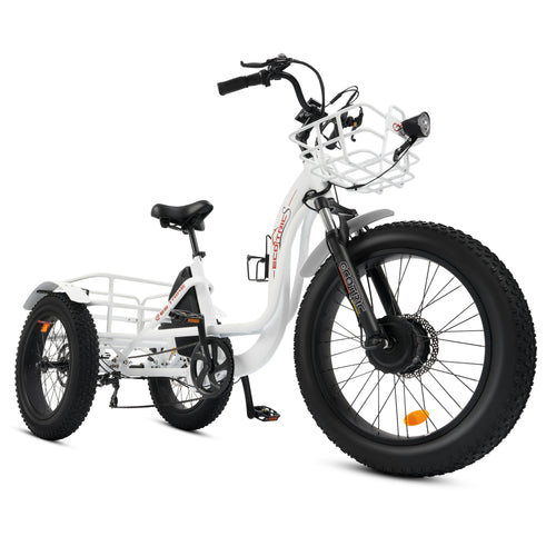 Ecotric 48V 24"x4.0 Front 20"x4.0 Rear Tires Tricycle electric bike with Front Basket + Rear Rack White - EST-W+EB-005-EC