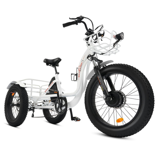 Ecotric 48V 24"x4.0 Front 20"x4.0 Rear Tires Tricycle electric bike with Front Basket + Rear Rack White - EST-W+EB-005-EC