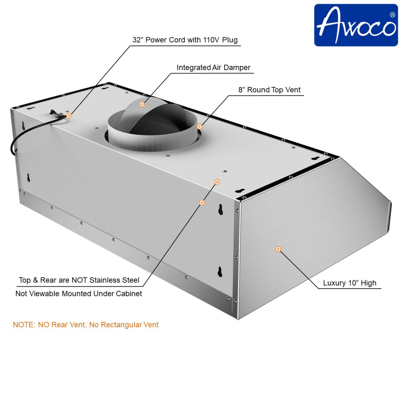 AWOCO RH-S10 Under Cabinet Range Hood Touch Remote Control 10" High 1000 CFM - RH-S10-30