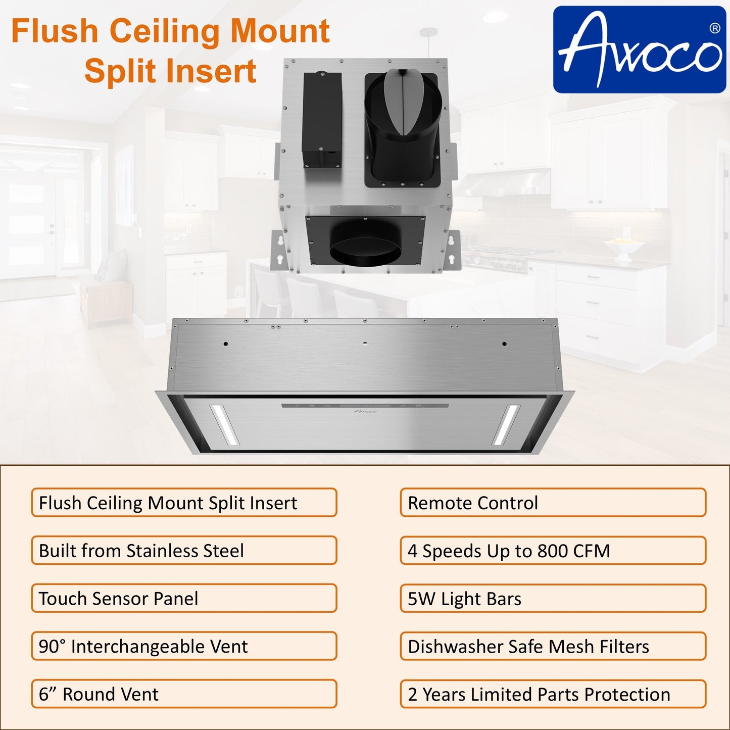 AWOCO  RH-IT06-CR Ceiling Mount Range Hood- Split Insert - 800 CFM & 6" Vent - AWC-RH-IT06-CR30