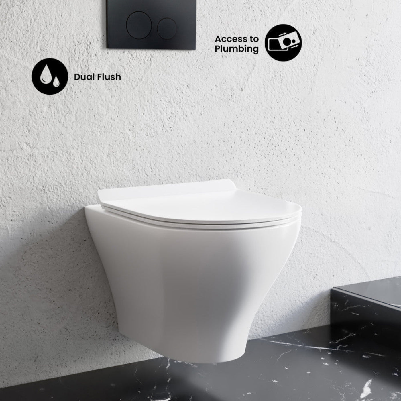 Swiss Madison Monaco Wall-Hung Toilet Bundle 0.8/1.6 GPF Dual Flush in Glossy White with Black Flush Plate - SM-WT1003GW