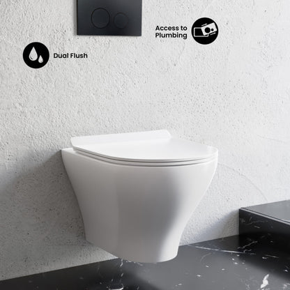 Swiss Madison Monaco Wall-Hung Toilet Bundle 0.8/1.6 GPF Dual Flush in Glossy White with Black Flush Plate - SM-WT1003GW