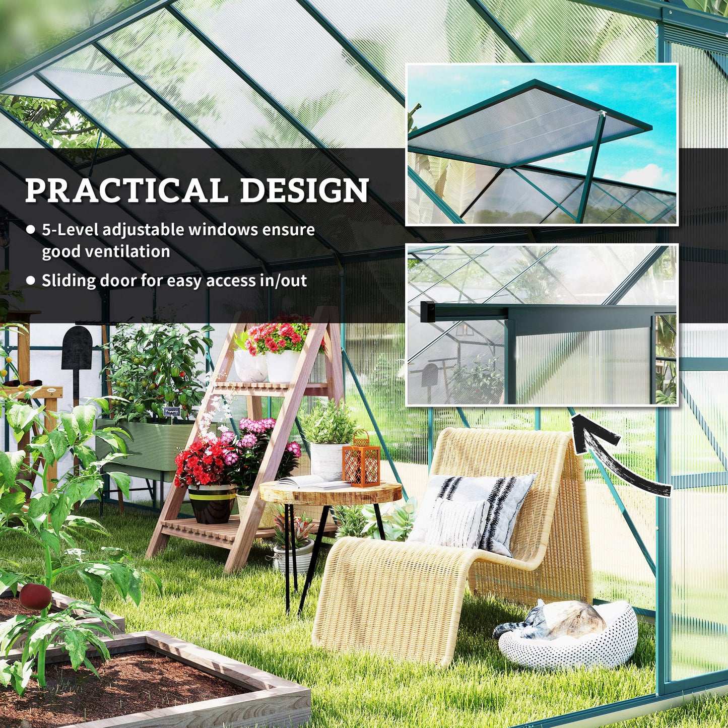 BloomGreen 16' x 8' Greenhouse with Roof Vent and Sliding Door Green