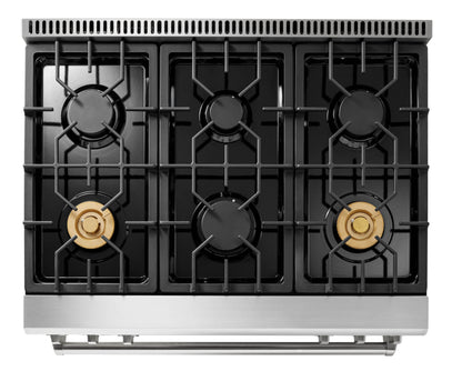 Thor Kitchen 5-Piece Appliance Package - 36-Inch Propane Gas Range, Tilt Panel, Refrigerator with Water Dispenser, Wall Mount Hood, Dishwasher, & Microwave Drawer in Stainless Steel - APW5-TRG36B-LP