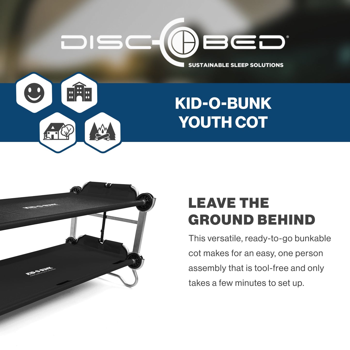 Disc-O-Bed Youth Double Cot Kid-O-Bunk w/ 200 Pound Capacity, Black - 419285